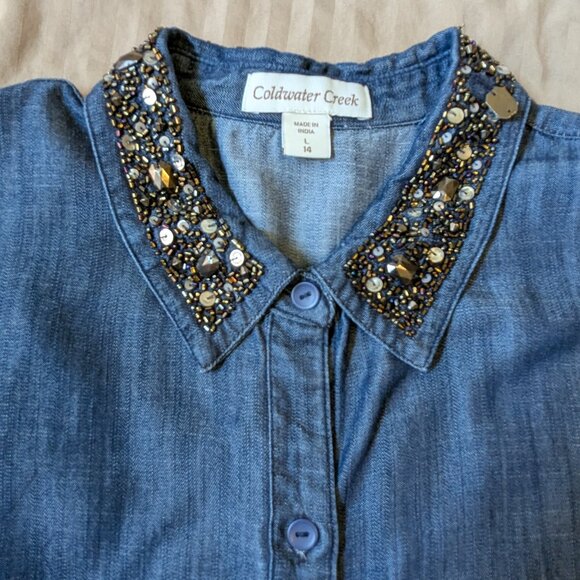 Coldwater Creek Chambray Shirt with Jeweled Collar Size 14 - Picture 10 of 11